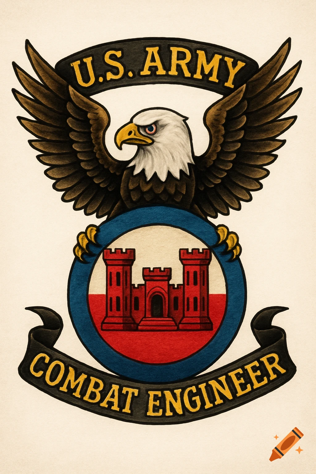 U.S. Army Combat Engineer emblem in traditional tattoo style, featuring a bald eagle above a red castle on a blue and white circle, with text banners.