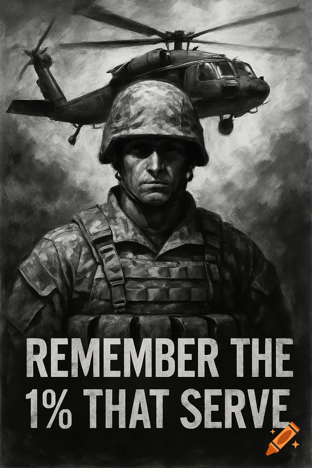 A gritty, black and white depiction of a soldier in uniform with a Blackhawk helicopter flying behind, text reads 'Remember The 1% That Serve'.