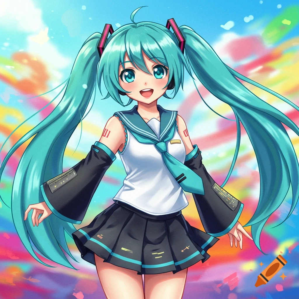 Anime style illustration of Hatsune Miku smiling, with long teal pigtails, wearing a white and teal sailor uniform against a vibrant, colorful sky.