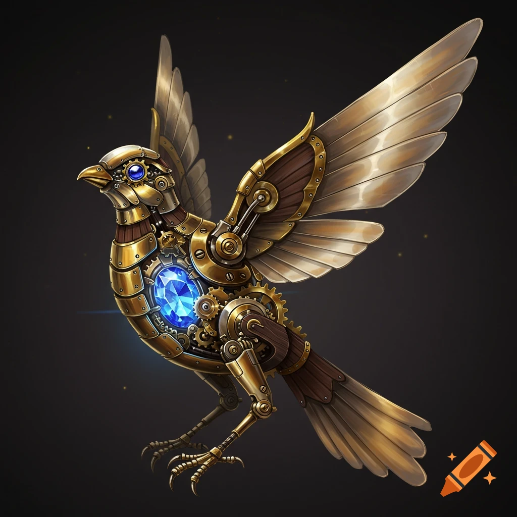 A golden mechanical bird with spread wings and a glowing blue sapphire core, against a dark background.