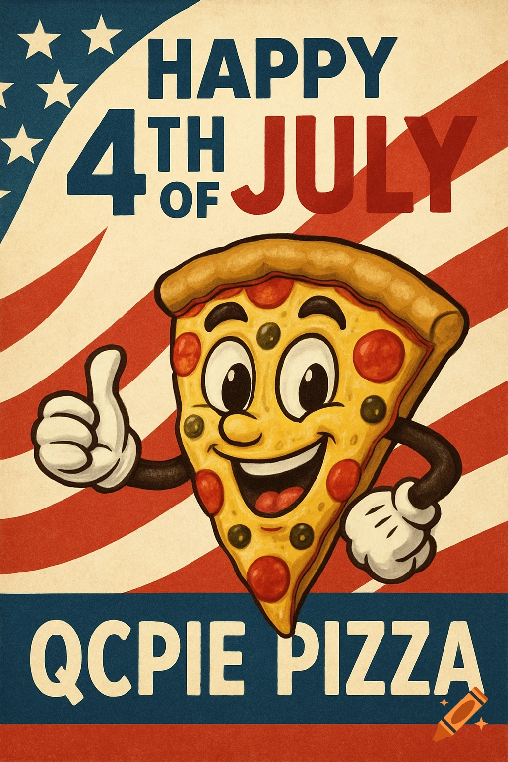 Vintage-style poster with a smiling cartoon pizza slice giving a thumbs up against an American flag background, wishing Happy 4th of July.