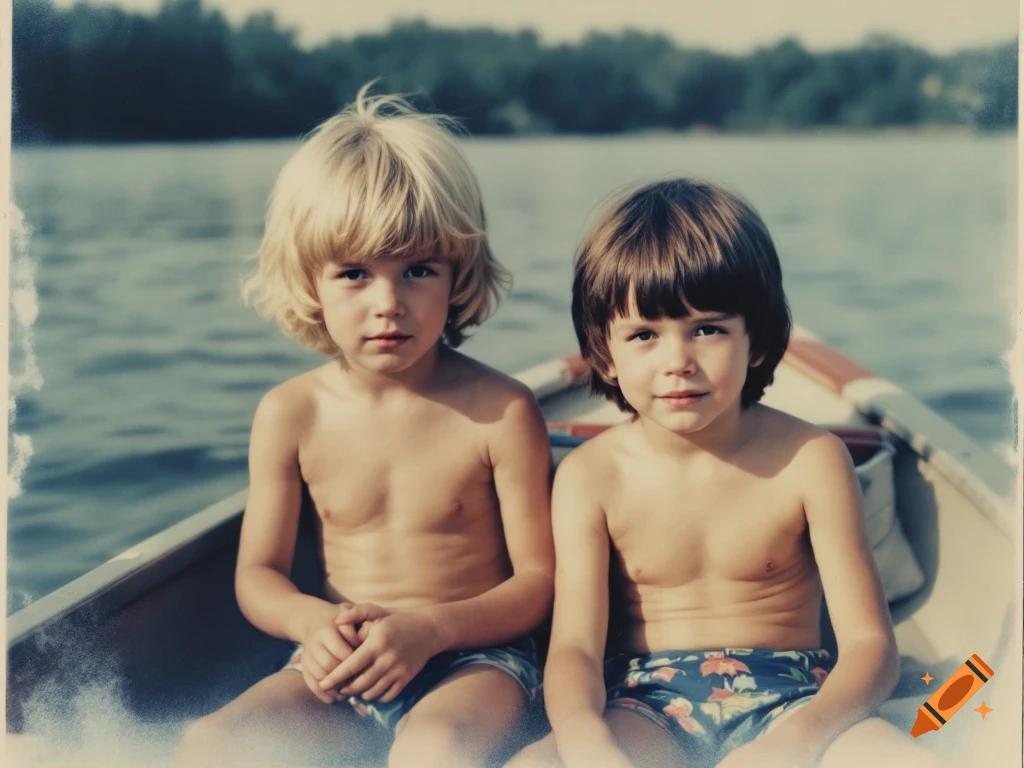 Two young boys, one blonde and one brunette, in swim trunks in a boat on a lake, captured in a vintage polaroid photo.