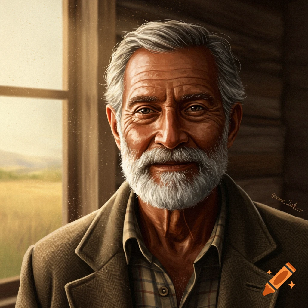 Realistic portrait of an elderly man with a gray beard and hair, smiling. He wears a brown jacket and plaid shirt, with a sunny outdoor background.
