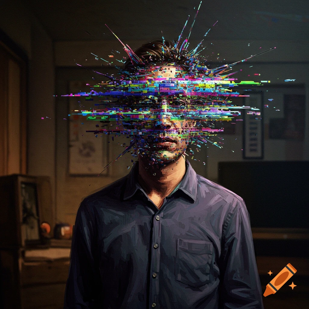 A man's face distorted by colorful pixelated static, depicted in a dark, realistic style.
