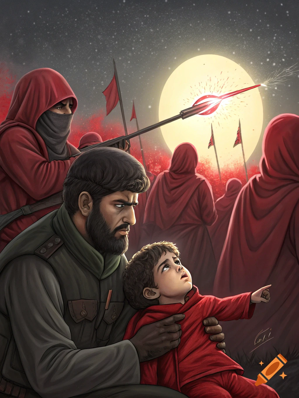 An illustration of a bearded man holding a child in a red robe, both looking up at a bright moon struck by an arrow. Hooded figures with red flags stand behind them under a starry sky.