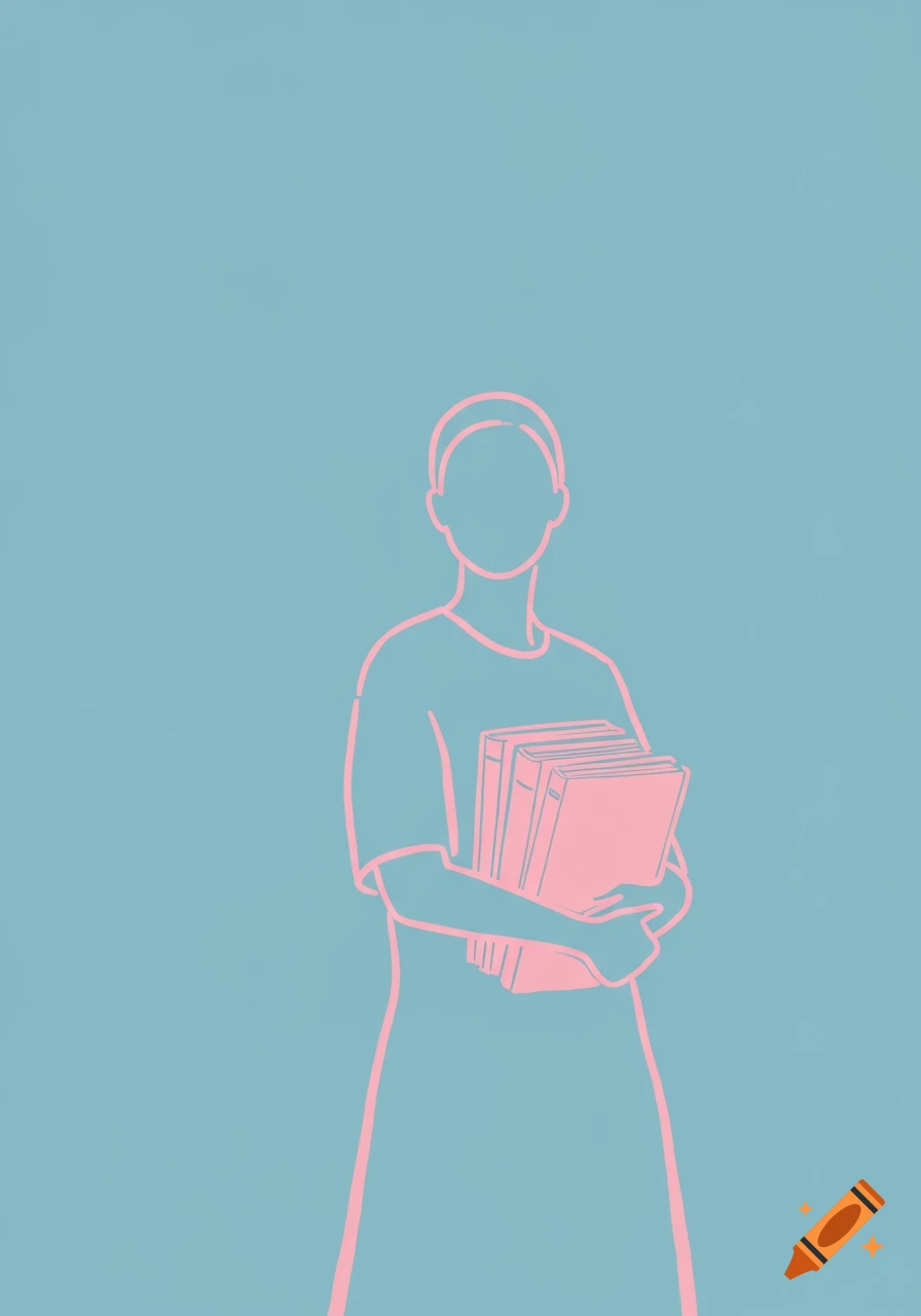 Minimalist pink outline illustration of a person holding books against a light blue background.