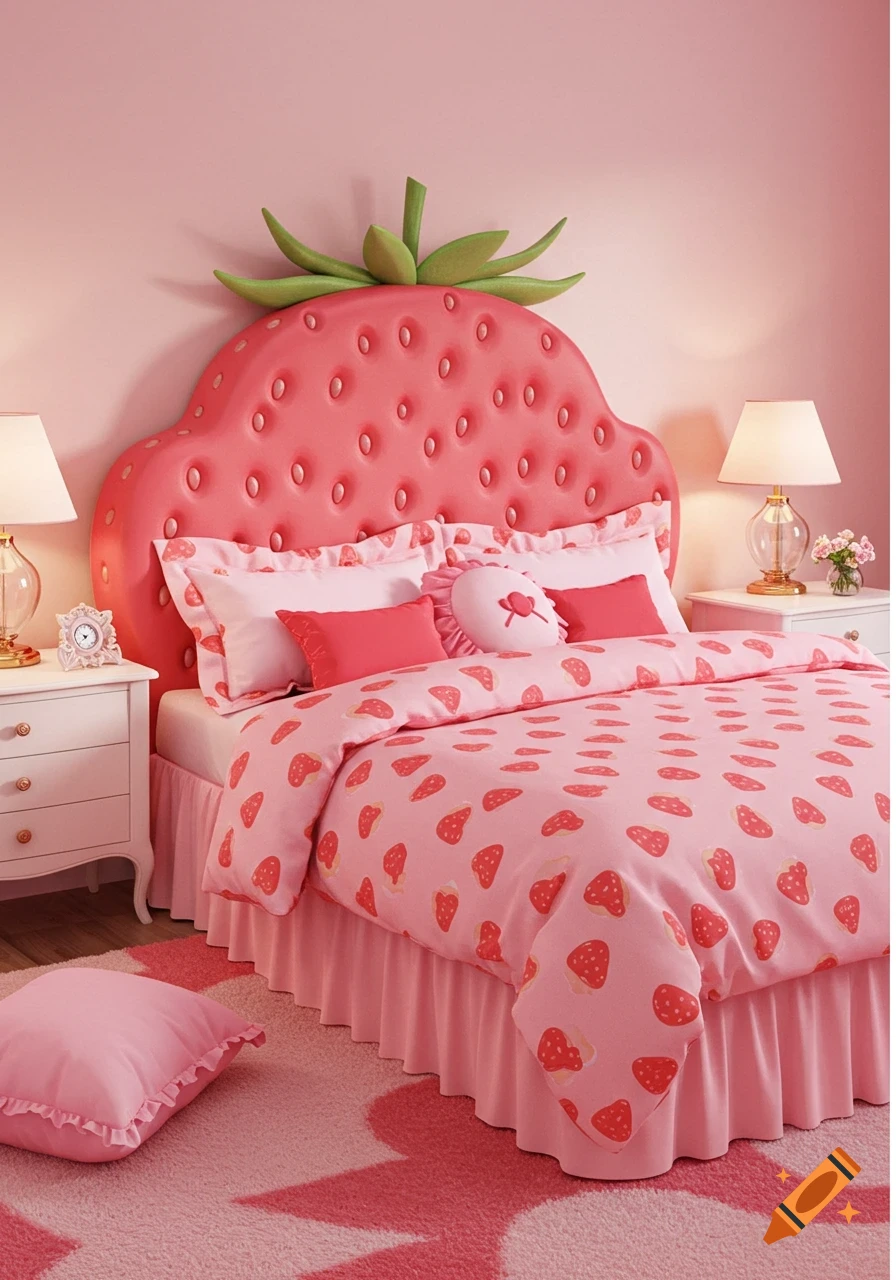 A whimsical pink bedroom featuring a large strawberry-shaped headboard, strawberry-patterned bedding, and matching pink decor.