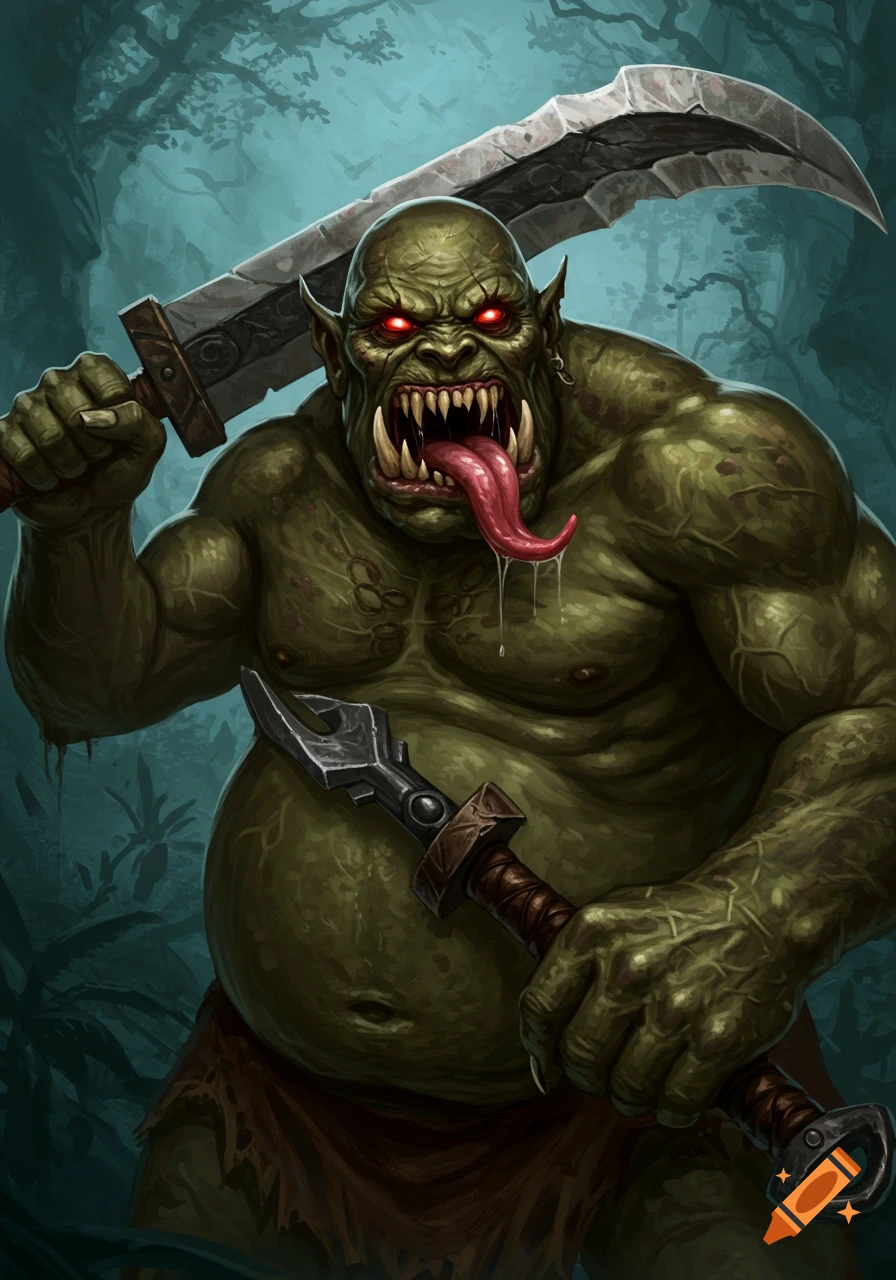 A menacing green orc with red eyes, sharp teeth, and a long tongue, holding two large swords in a dark forest.