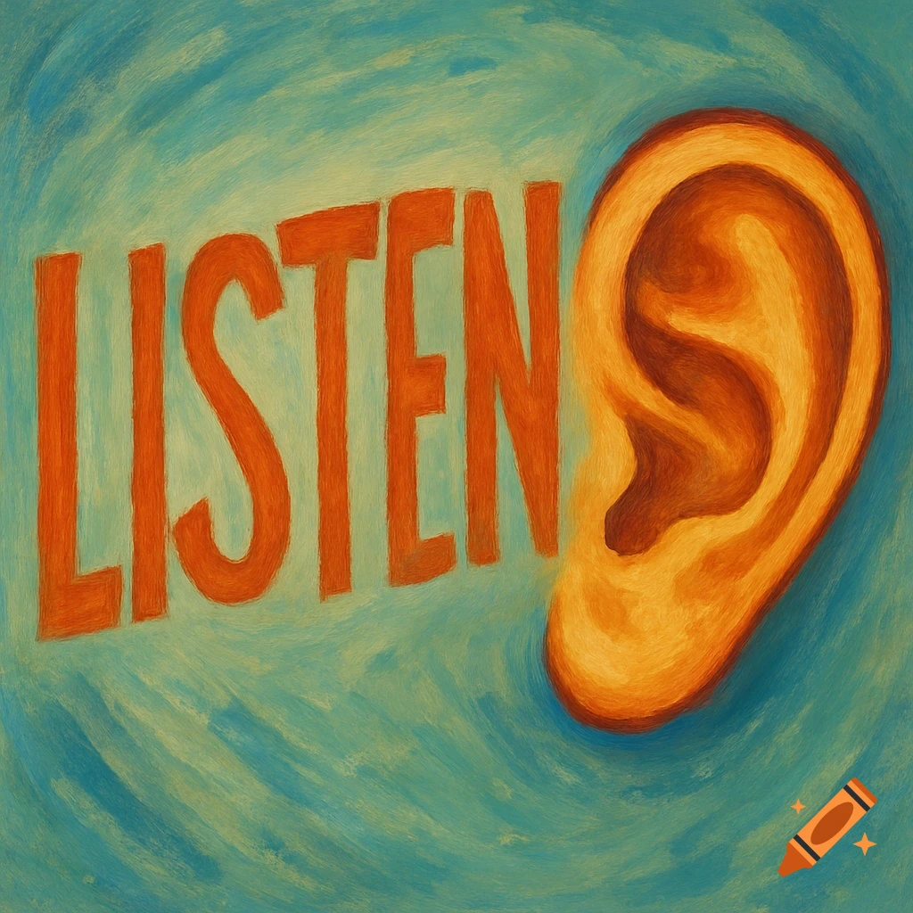 The orange word 'LISTEN' next to a large human ear on a textured blue-green background, in a painterly style.