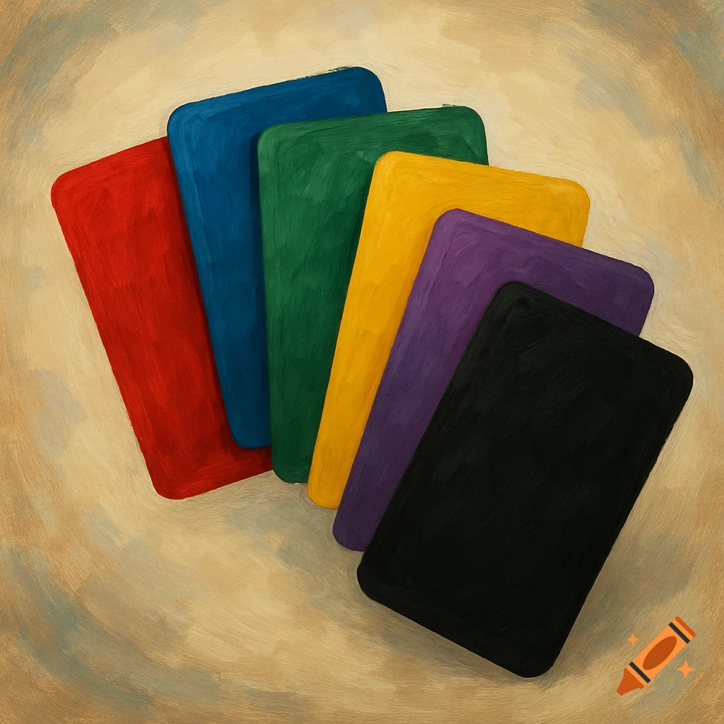 Six colorful cards in red, blue, green, yellow, purple, and black, fanned out on a textured, light background with a painterly effect.