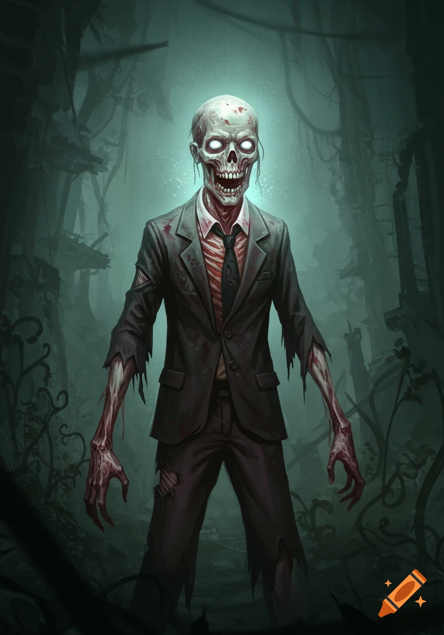 A creepy zombie in a tattered suit with glowing eyes stands in a dark, overgrown forest, digitally painted.