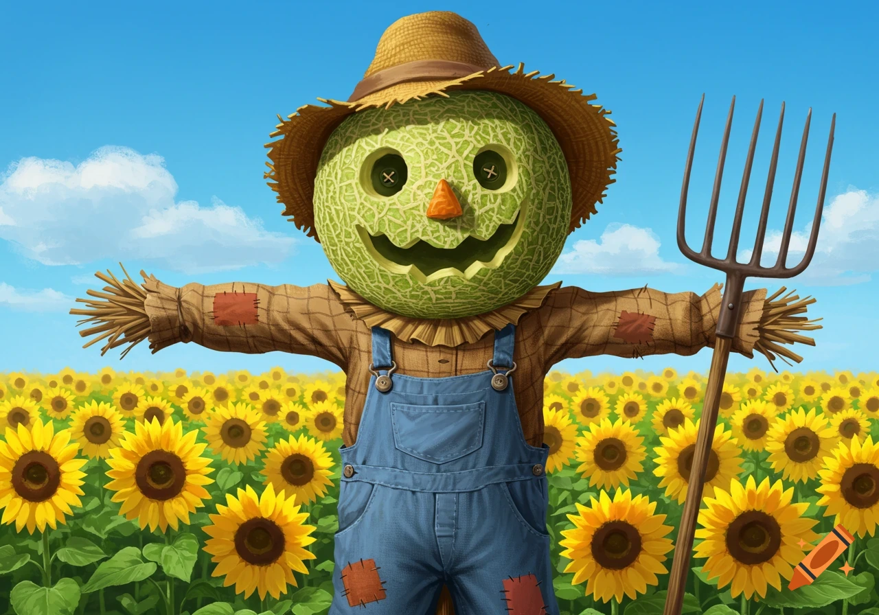 A friendly scarecrow with a carved honeydew melon head stands in a bright sunflower field under a blue sky, holding a pitchfork.