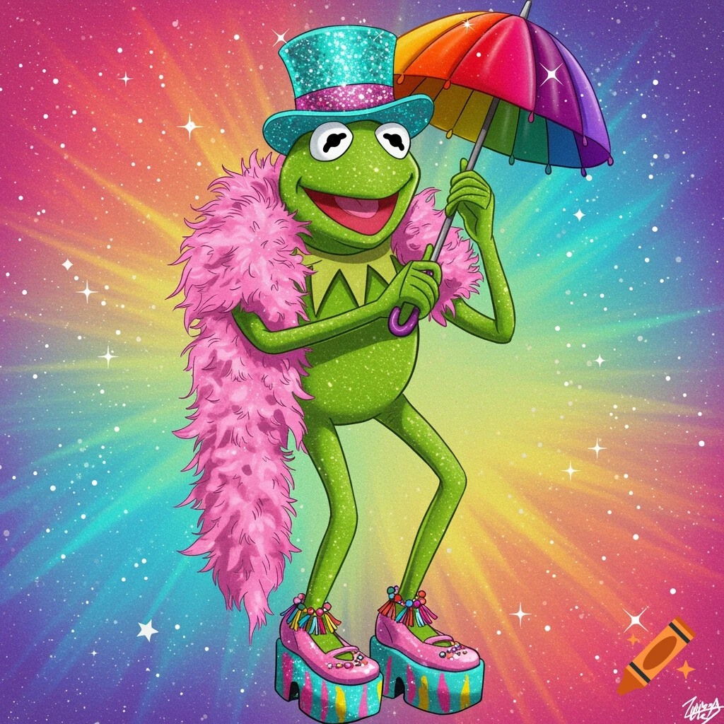 Kermit the Frog in a glittery blue top hat, pink boa, and platform shoes, holding a rainbow umbrella on a sparkling rainbow background.