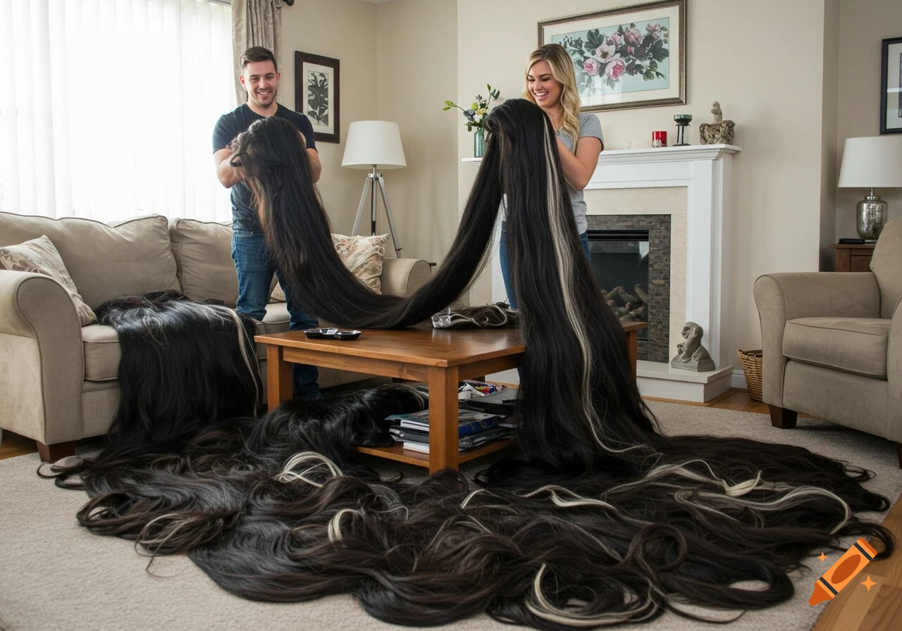 Smiling man and woman in a living room surrounded by huge piles of their extremely long black hair with white highlights. Photorealistic.