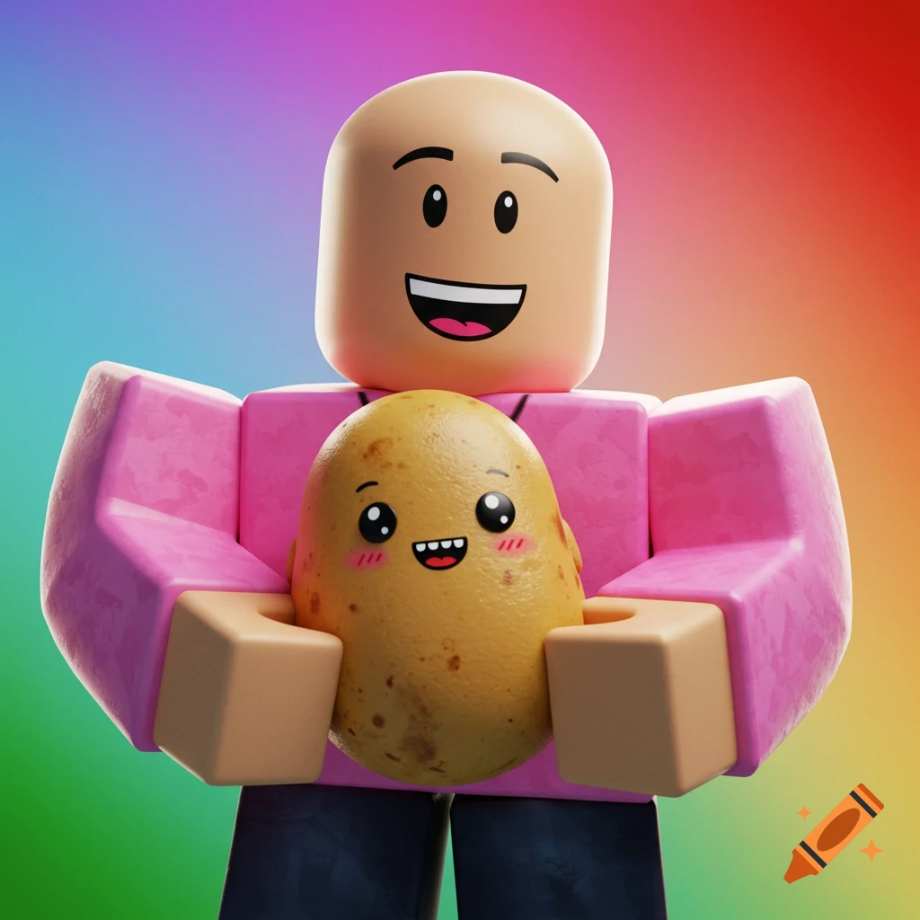 A happy bald Roblox character holds a smiling potato against a vibrant rainbow background.