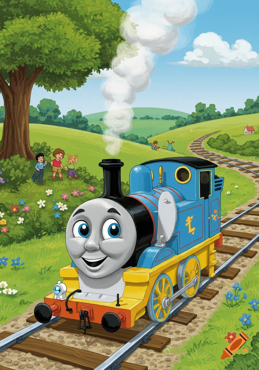 A smiling blue cartoon train, reminiscent of Thomas the Tank Engine, on tracks in a sunny green field with hills, a large tree, wildflowers, and children playing in the background.