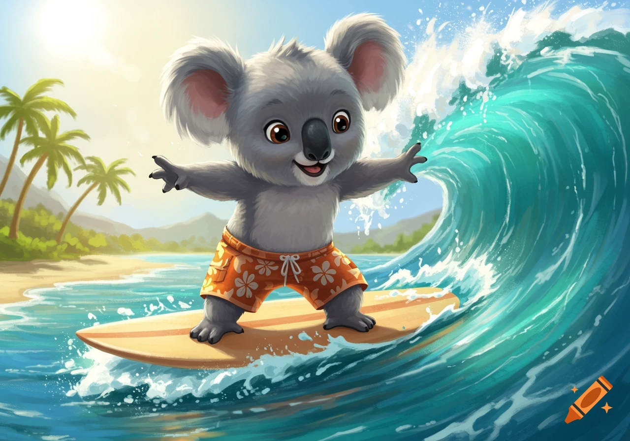 A cute baby koala bear in Hawaiian shorts happily surfing a large blue wave on a sunny beach day, cartoon style.