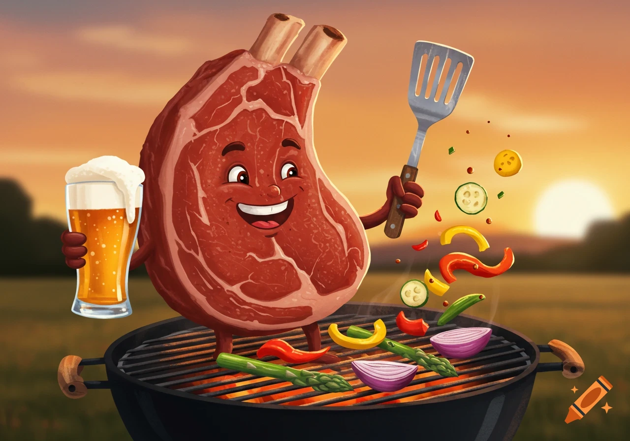 A cheerful cartoon rib-eye steak holds a beer while grilling vegetables on a BBQ at sunset.