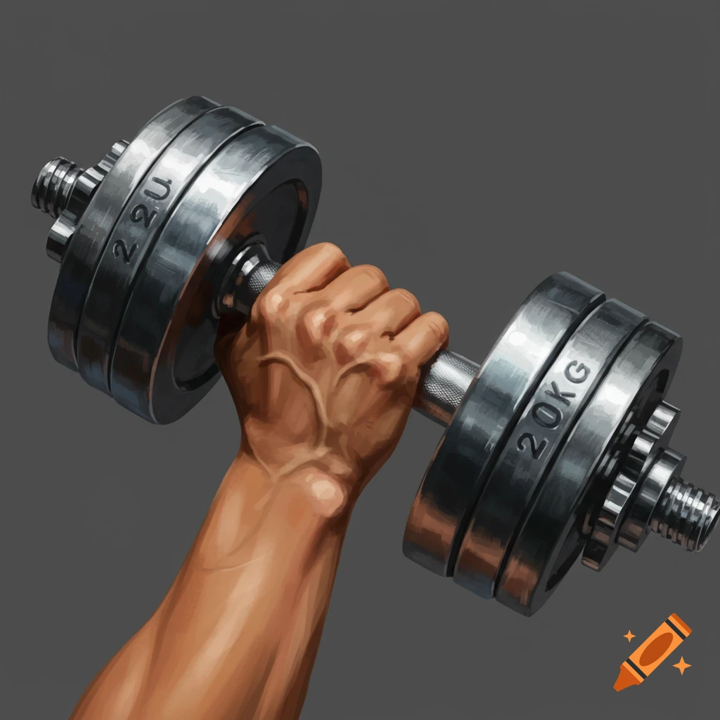 A close-up painting of a muscular hand gripping a heavy metal dumbbell with weight plates.