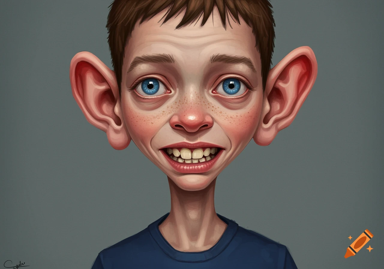 A cartoonish headshot of a boy with very large ears, wide blue eyes, freckles on his nose, and a wide grin showing many teeth.
