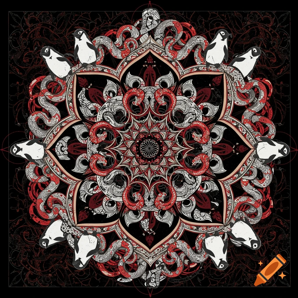 An intricate black, white, and red mandala illustration featuring intertwining snakes and penguins.