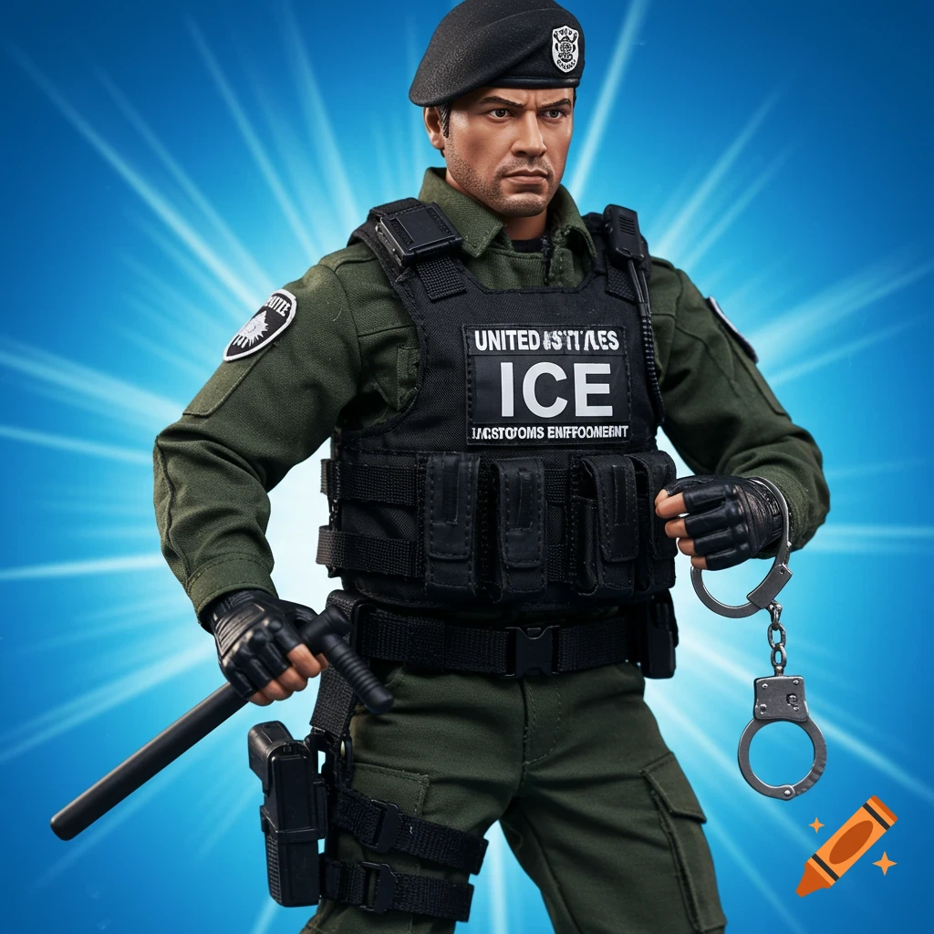 An action figure of a United States ICE agent in a green uniform and black tactical vest, holding a baton and handcuffs, against a blue background with light rays.