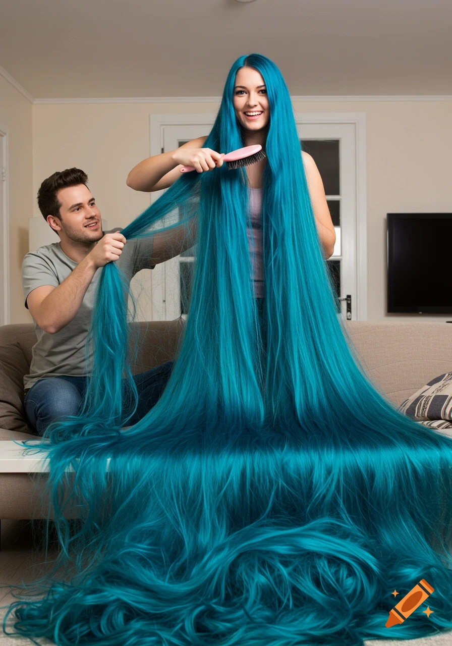 Photorealistic image of a woman with extremely long blue hair brushing it, while a man plays with her hair in a living room.