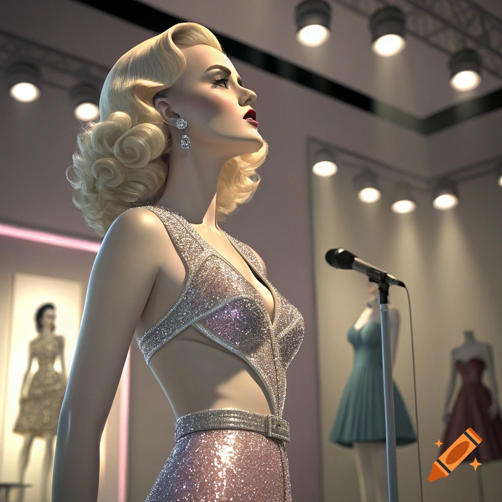 A photorealistic image of a blonde mannequin in a sparkling pink dress standing on a stage with a microphone and spotlights.