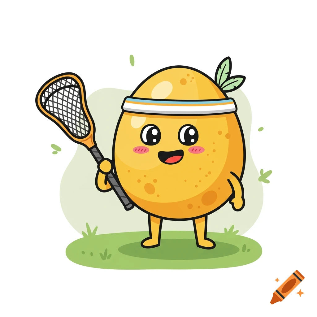 A cute cartoon egg character wearing a headband, holding a lacrosse stick, and standing on a patch of grass.