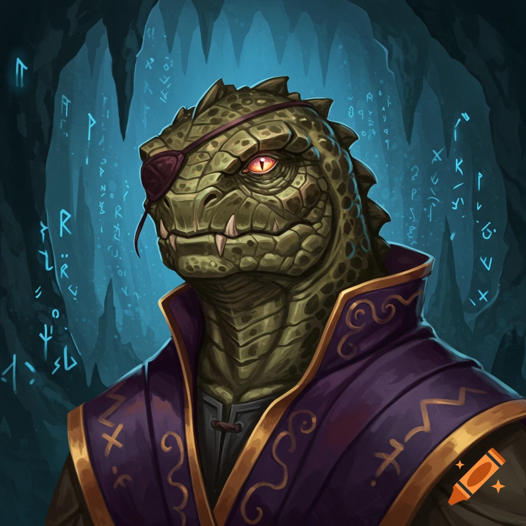 A green reptilian creature with an eye patch and a purple robe stands in a glowing cave with runes.