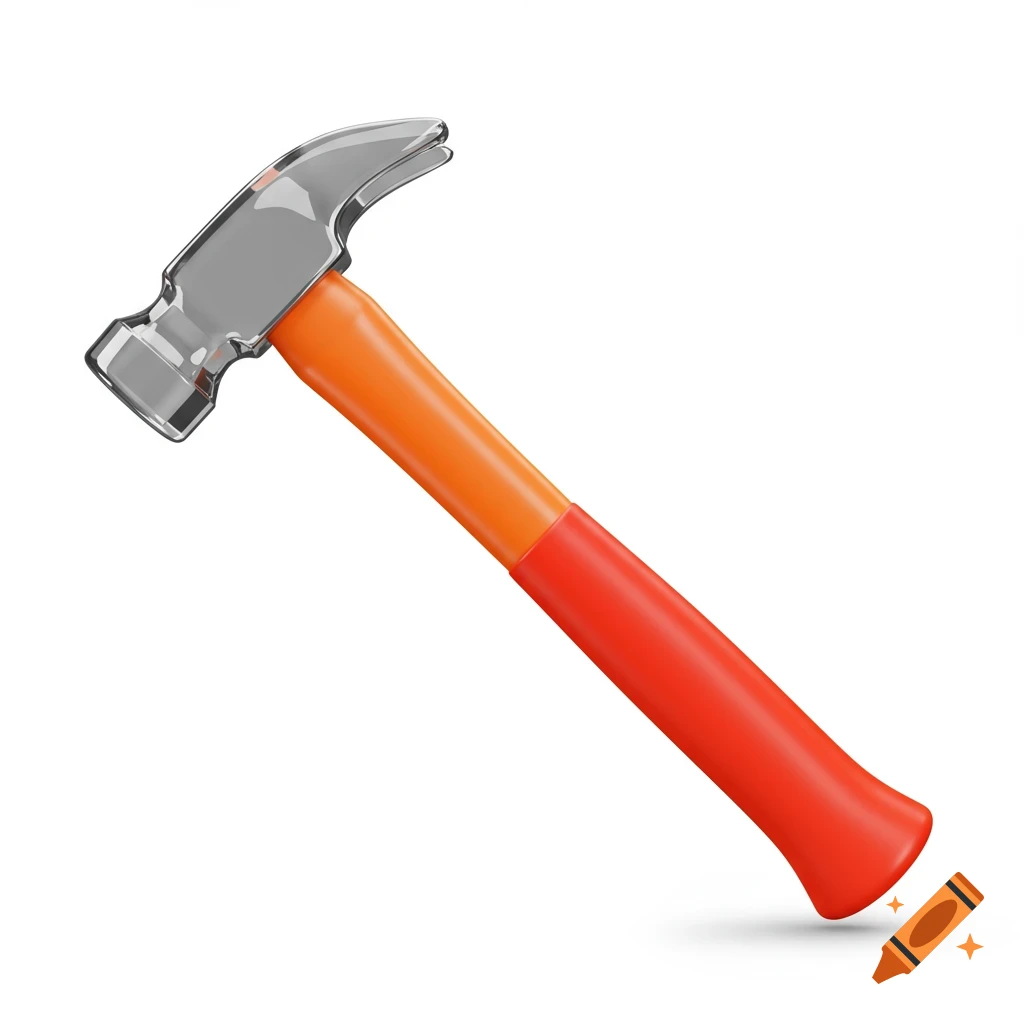A modern 3D-rendered claw hammer with a glossy metallic head and an orange and red handle, isolated on a white background.