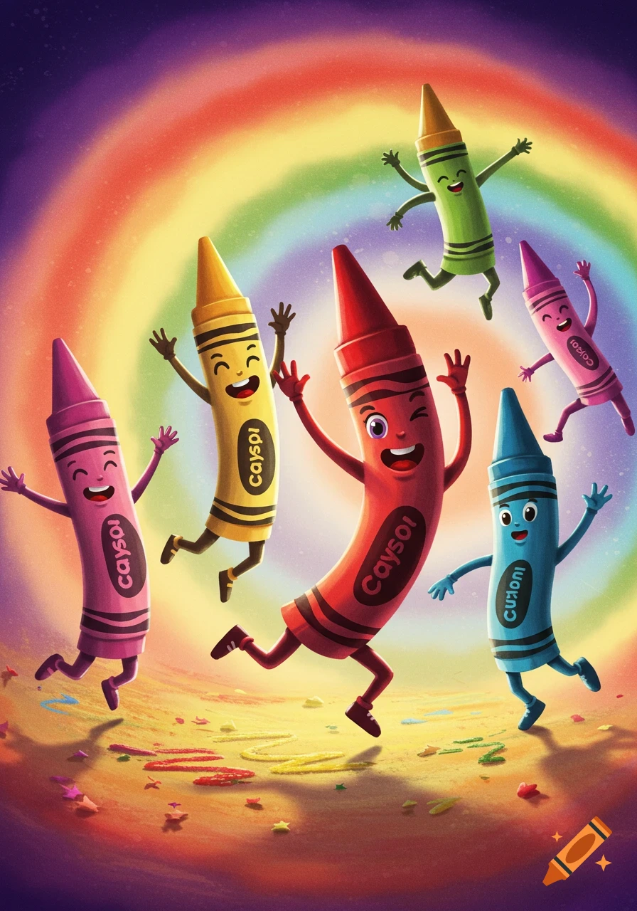 Vibrant cartoon crayons with happy faces dance and jump in front of a bright rainbow.