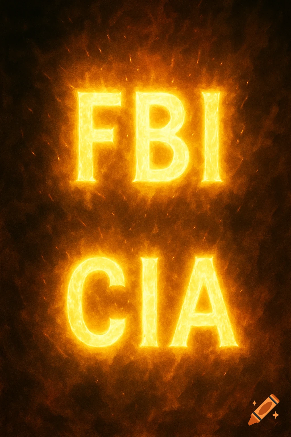 The acronyms FBI and CIA rendered in bright, glowing, fiery yellow and orange letters against a dark background.