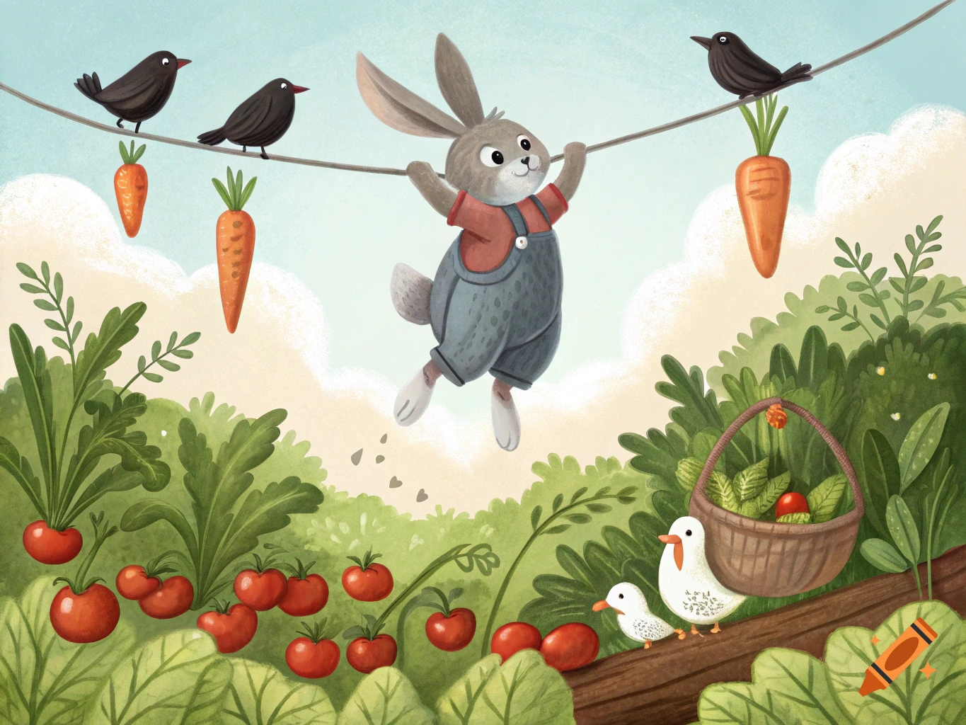 Whimsical illustration of a cartoon bunny in overalls hanging from a rope over a garden with birds, carrots, tomatoes, and ducks.