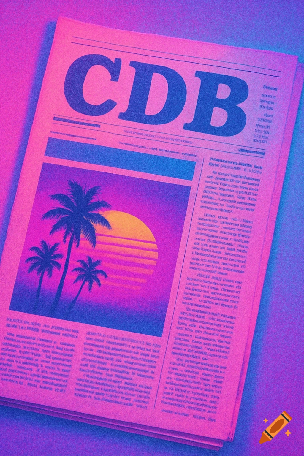 A vaporwave-style newspaper with 'CDB' headline and a graphic of palm trees against a retro sunset.