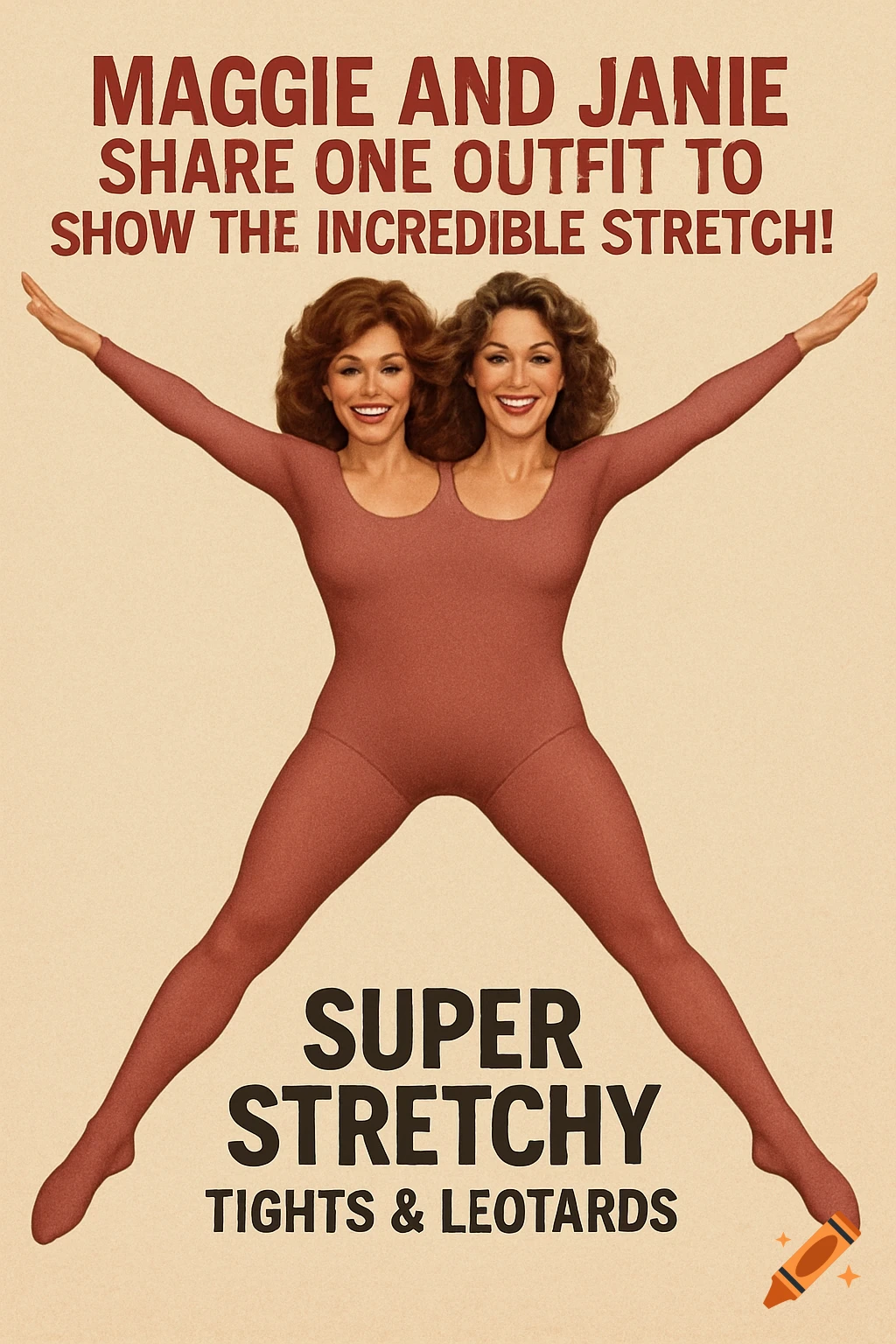 A retro-style ad features two women with two heads sharing a single leotard and tights, stretching with arms and legs outstretched. Text above reads "MAGGIE AND JANIE SHARE ONE OUTFIT TO SHOW THE INCREDIBLE STRETCH!" and below "SUPER STRETCHY TIGHTS & LEOTARDS."