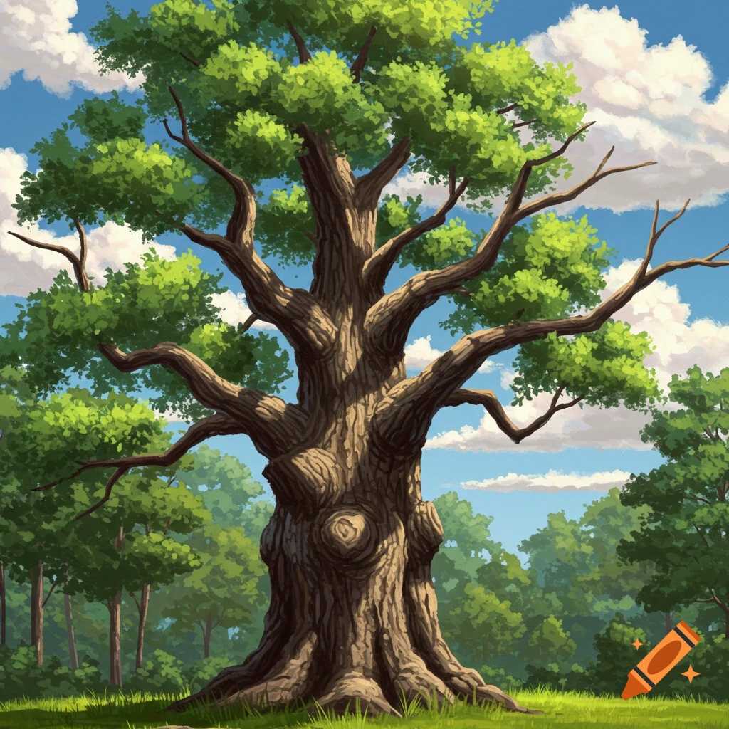 An illustrative image of a large, gnarled tree with green leaves in a forest under a blue sky with clouds.