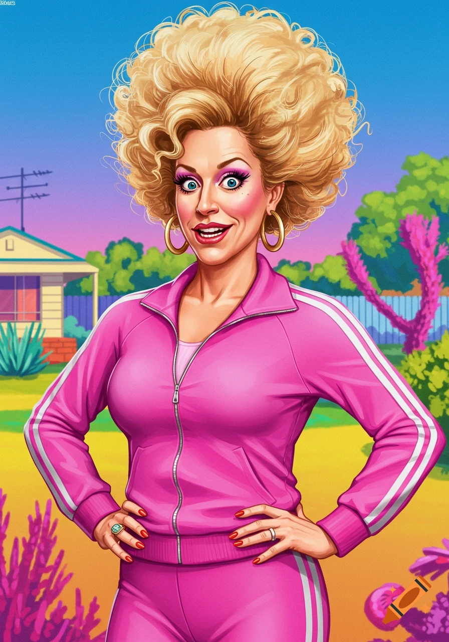 Cartoon illustration of a smiling woman with big blonde curly hair and bright makeup, wearing a pink tracksuit, standing in a suburban backyard.