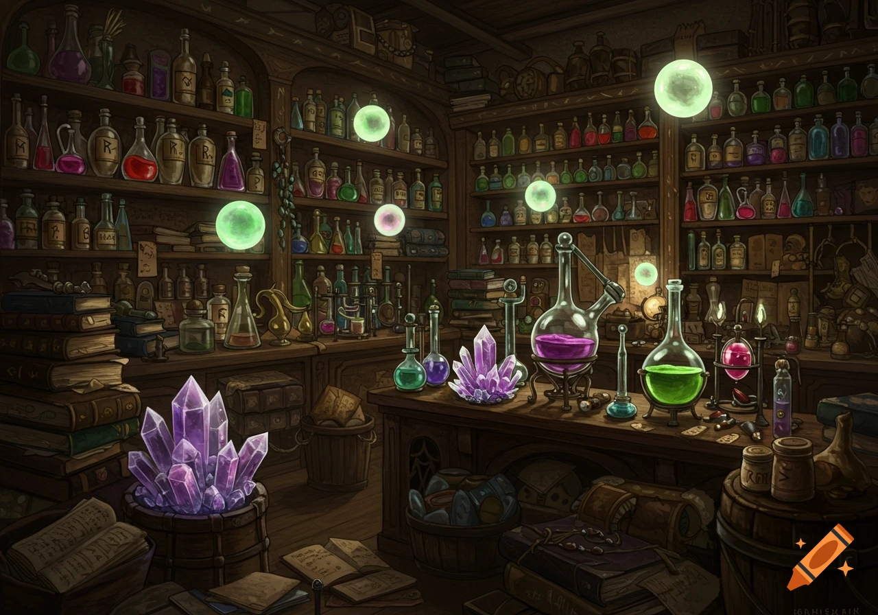 A detailed, dark interior of a fantasy alchemy shop with shelves of colorful potions, glowing orbs, bubbling beakers, and large purple crystals.