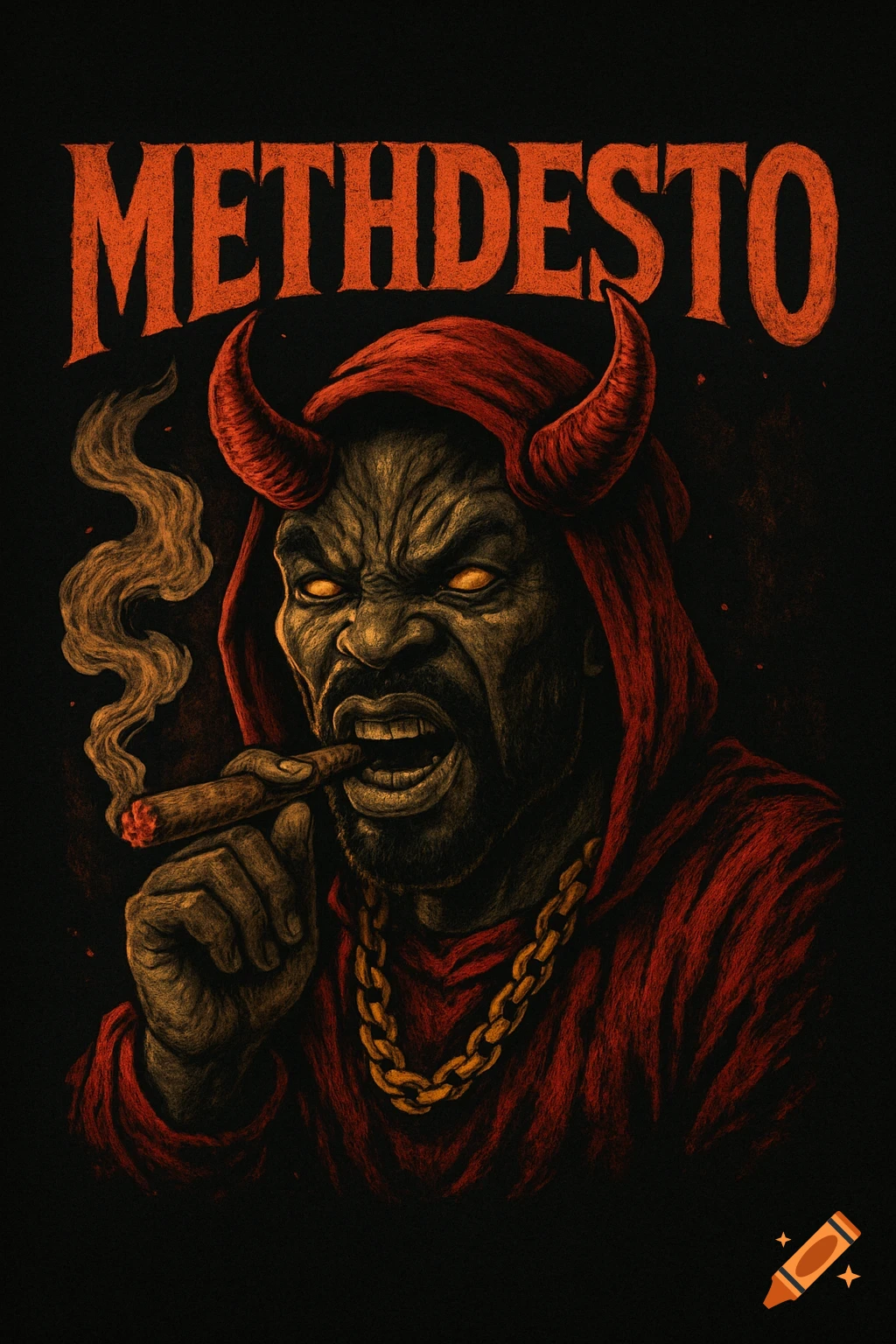 Gritty illustration of a horned, demonic figure in a red hood smoking a cigar, with "METHDESTO" above.