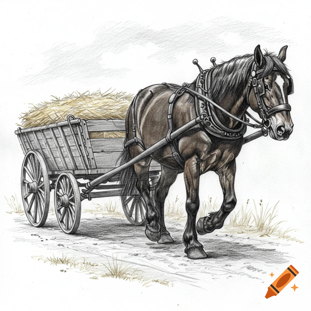 A detailed colored pencil drawing of a brown horse harnessed to a wooden cart filled with hay, standing on a dirt path.