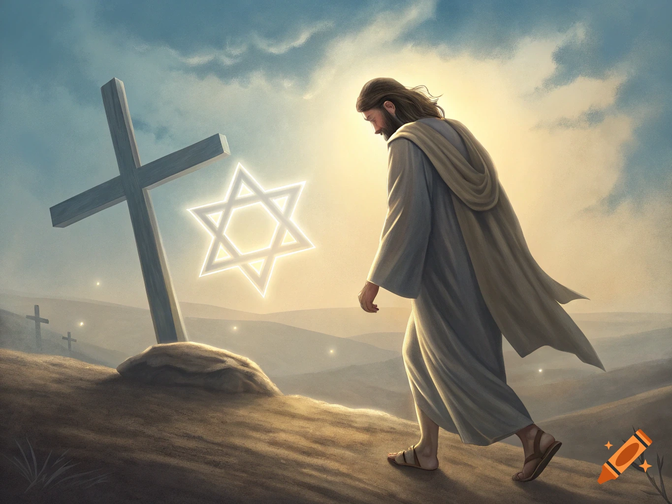 Jesus walking away from a cross towards a glowing Star of David in a desert landscape.