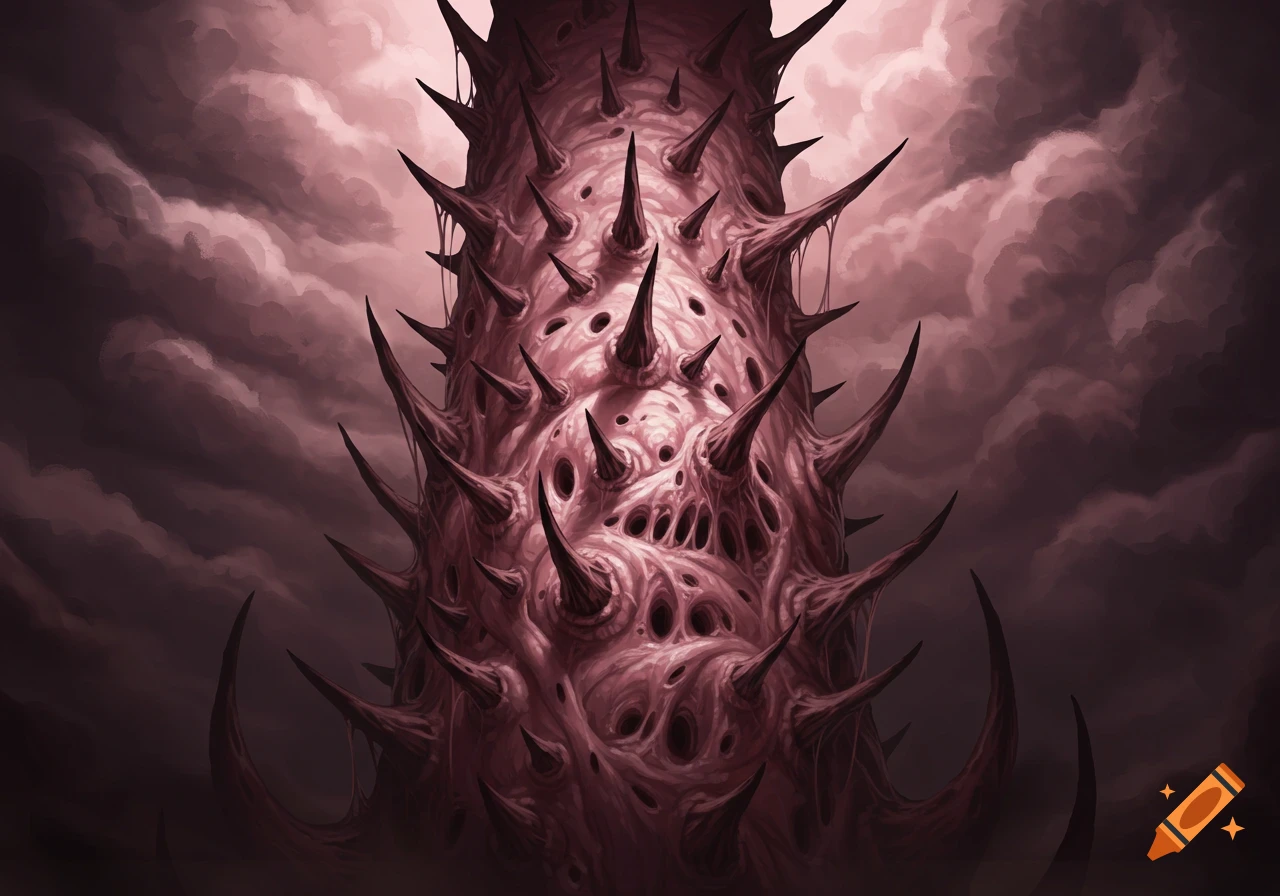 A towering, monstrous structure of pinkish flesh covered in sharp, dark spikes against a cloudy, dark red sky.