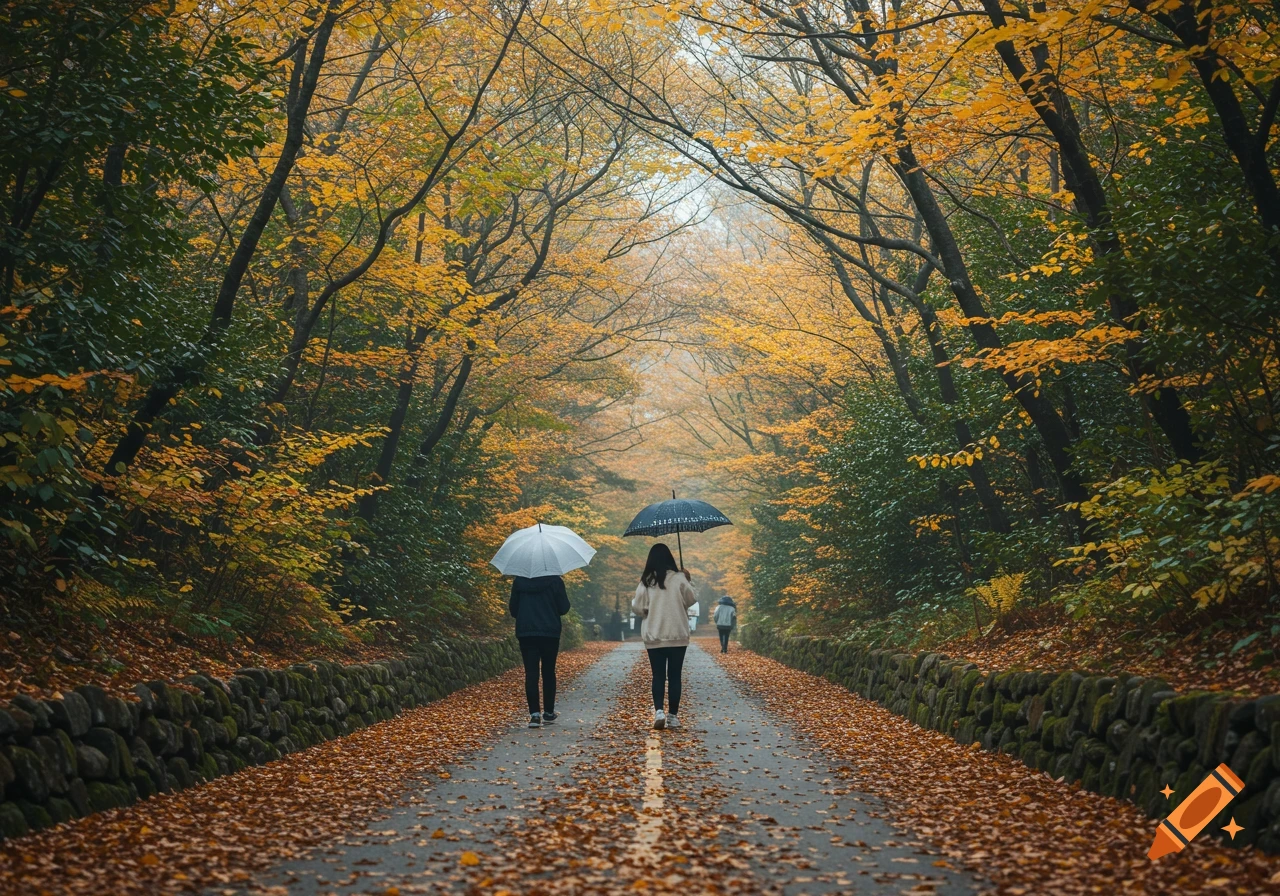 Two people with umbrellas walk down a path covered in autumn leaves, surrounded by trees with yellow and green foliage.