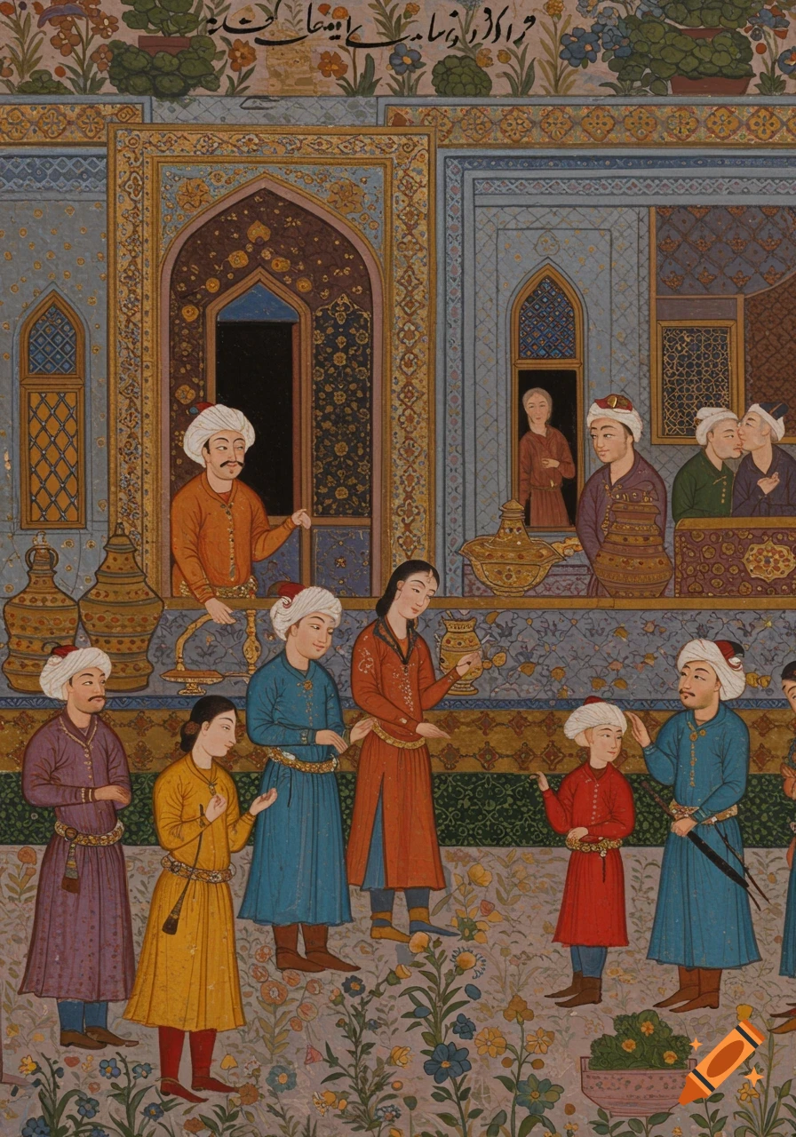 A vibrant historical Persian miniature painting depicts a busy court scene with ornately dressed figures interacting in a lavish building.
