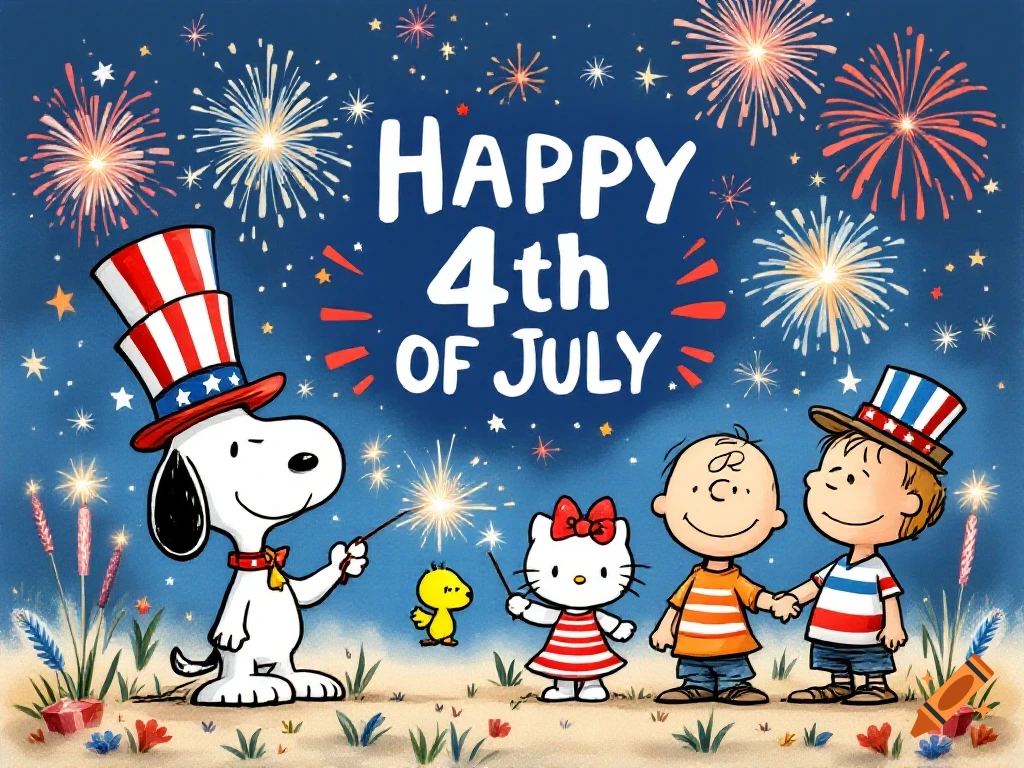 Cartoon image of Snoopy, Hello Kitty, and Peanuts characters celebrating 4th of July with sparklers and fireworks under a 'HAPPY 4th OF JULY' banner.