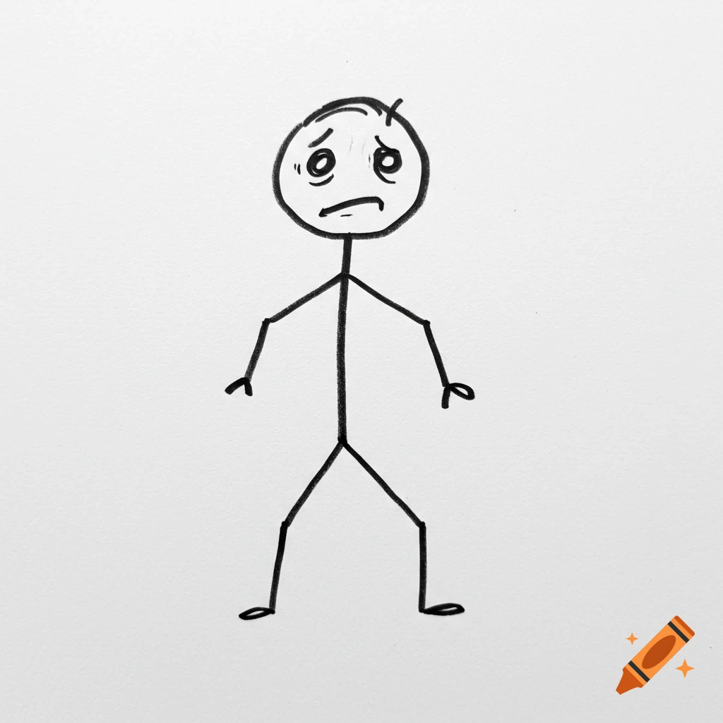 A black and white stick figure drawing looking sad on a white background.