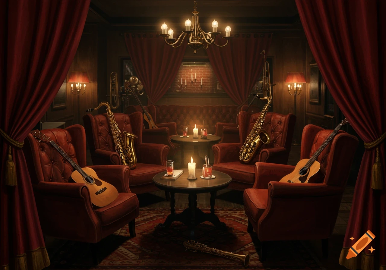 A dimly lit lounge with red velvet armchairs, musical instruments like saxophones and guitars, and candlelit tables.