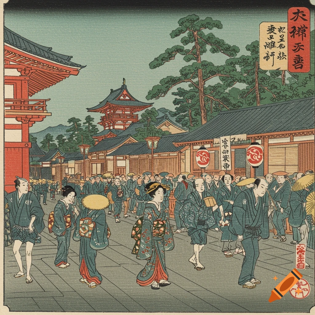 A vibrant Ukiyo-e woodblock print depicting a busy street scene in historical Japan with people, temples, and shops.