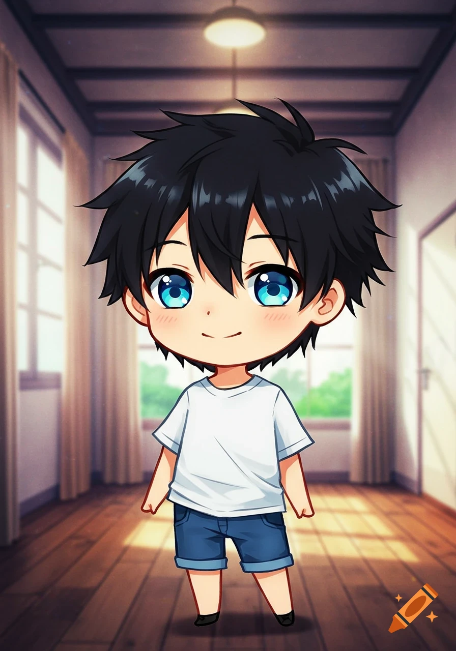 A cute chibi anime boy with black spiky hair and large blue eyes, wearing a white t-shirt and blue shorts, standing in a sunlit room.